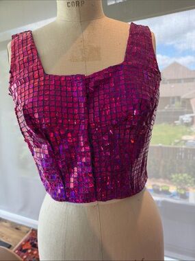 Sequin Grid Crop Top in Fuchsia - Sleeveless Square Neck